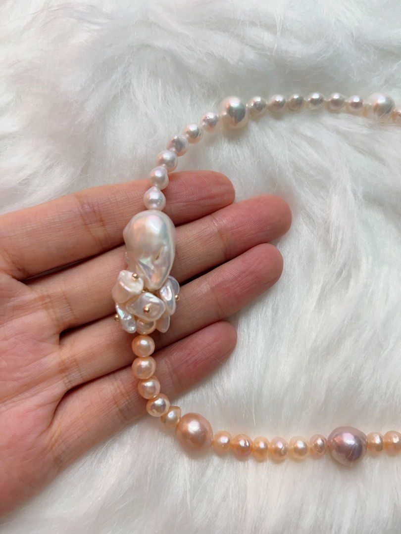 #PN283 [Floral Series] Harmony of Colours | Freshwater Pearl Necklace | Petal Pearl | Big Baroque Pearl | Excellent Lustre | Natural Flaws | Champagne Pink, White