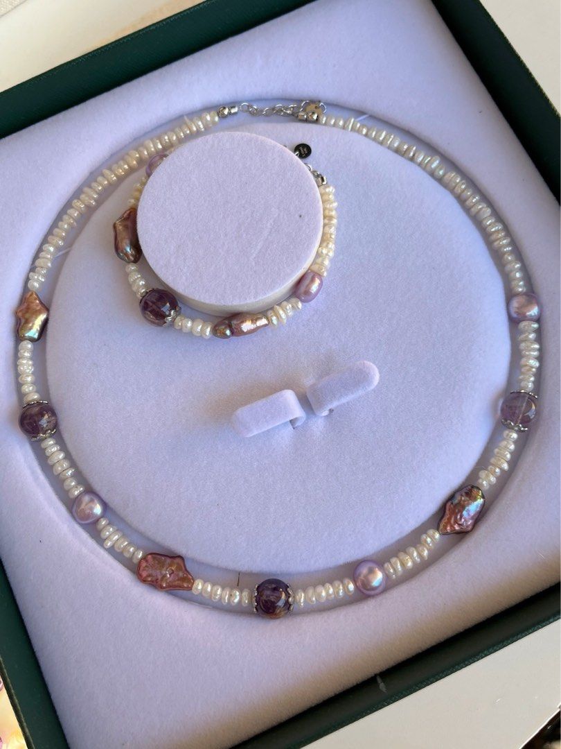 #PN235 Cool Down| Freshwater Pearl Necklace & Bracelet Set |Natural Purple Quartz |Tiny Baroque Pearl