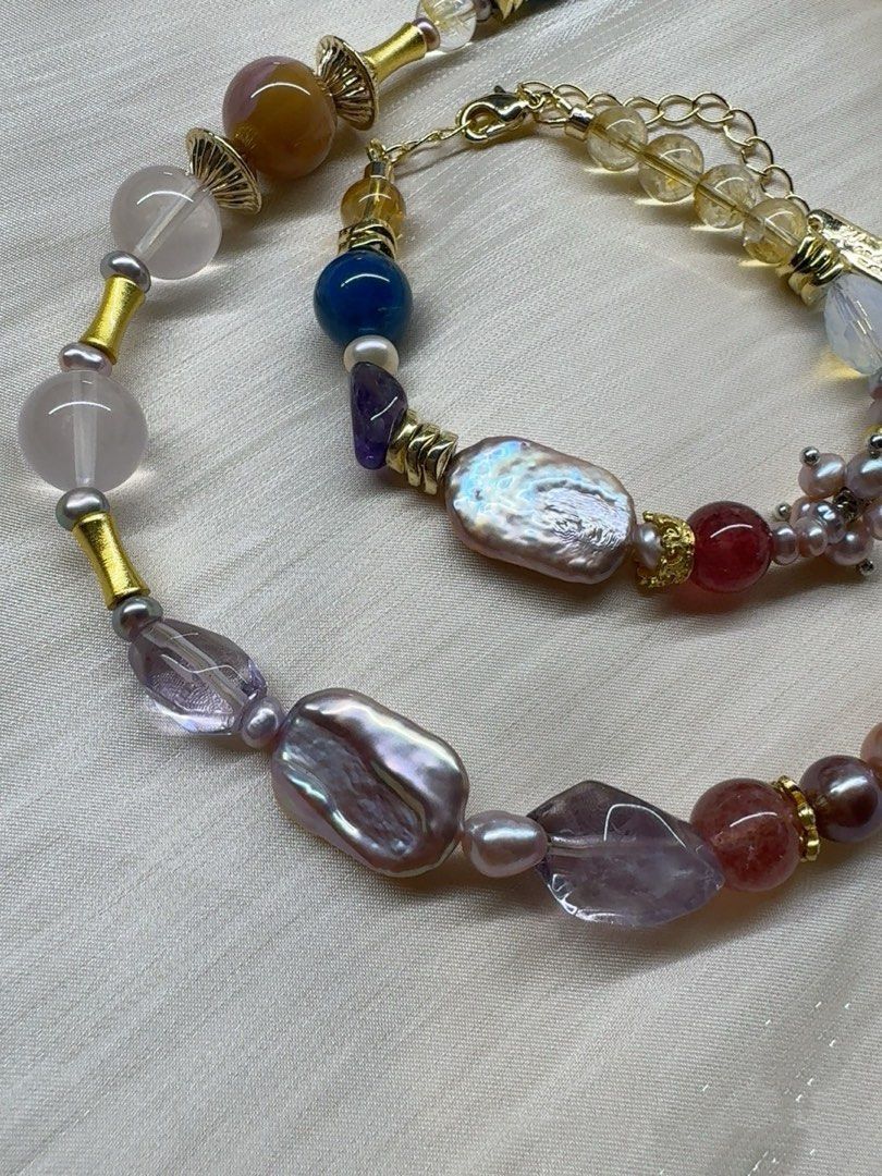 #PN139 [Sale] [Floral Series] Purple Clouds |Freshwater Pearl Necklace & Bracelet Set |Opal Stone|Purple Quartz |Red Agate|Golden Rutilated Quartz |Square Pearl |Natural Stones