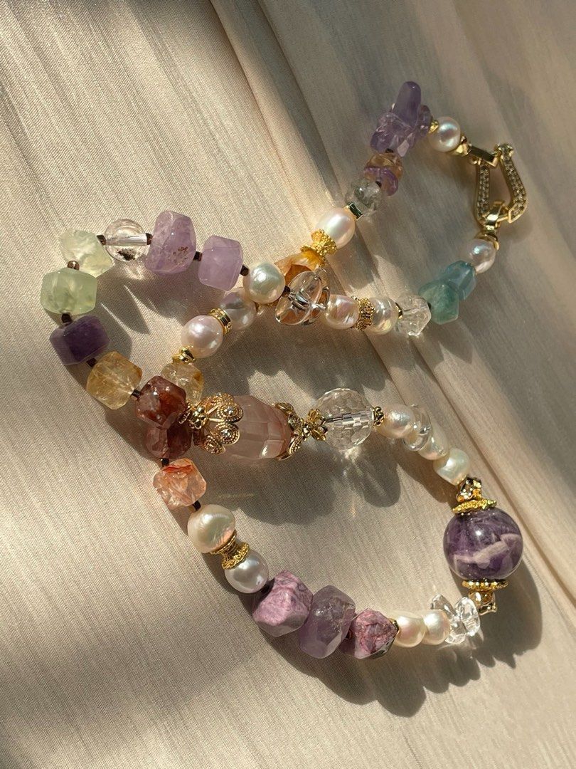 #PN60 Celestial Cascade | Freshwater Pearl Necklace | Stone Baroque Pearl | Big Chevron Amethyst | Amethyst Freeform| Prehnite| Citrine | Fire Quartz