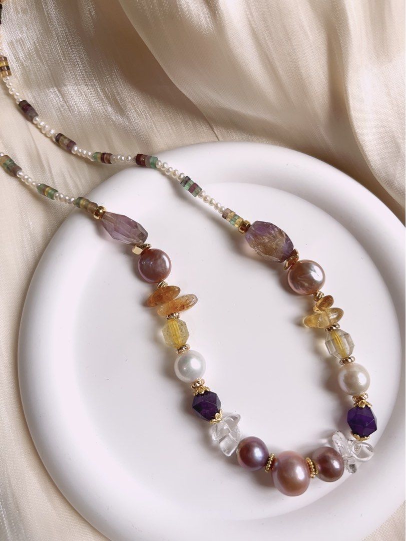 #PN391 [Sale]Medium Long Freshwater Pearl Necklace |Colourful|Baroque Pearl |Purple Quartz |Yellow Quartz