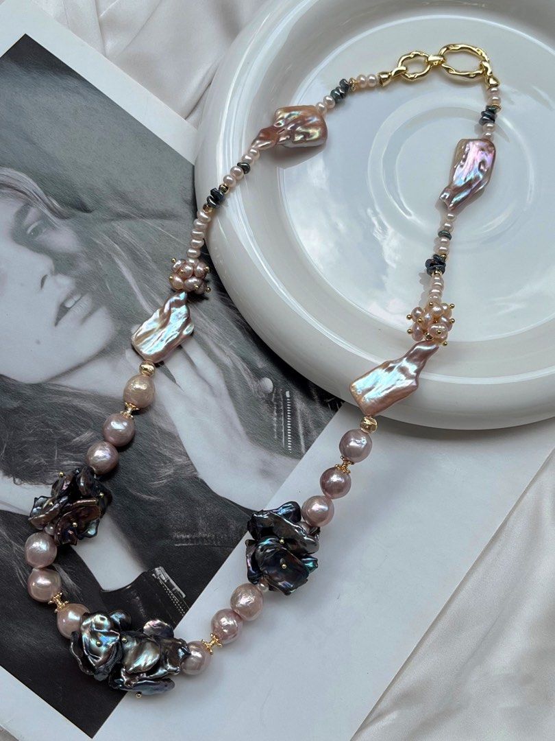 #PN166 [Floral Series]Exaggerating Freshwater Baroque Pearl Necklace & Bracelet Set |Metallic Black Pearl Petals |Big Lustrous Baroque Irregular Pearl |Pink Petals