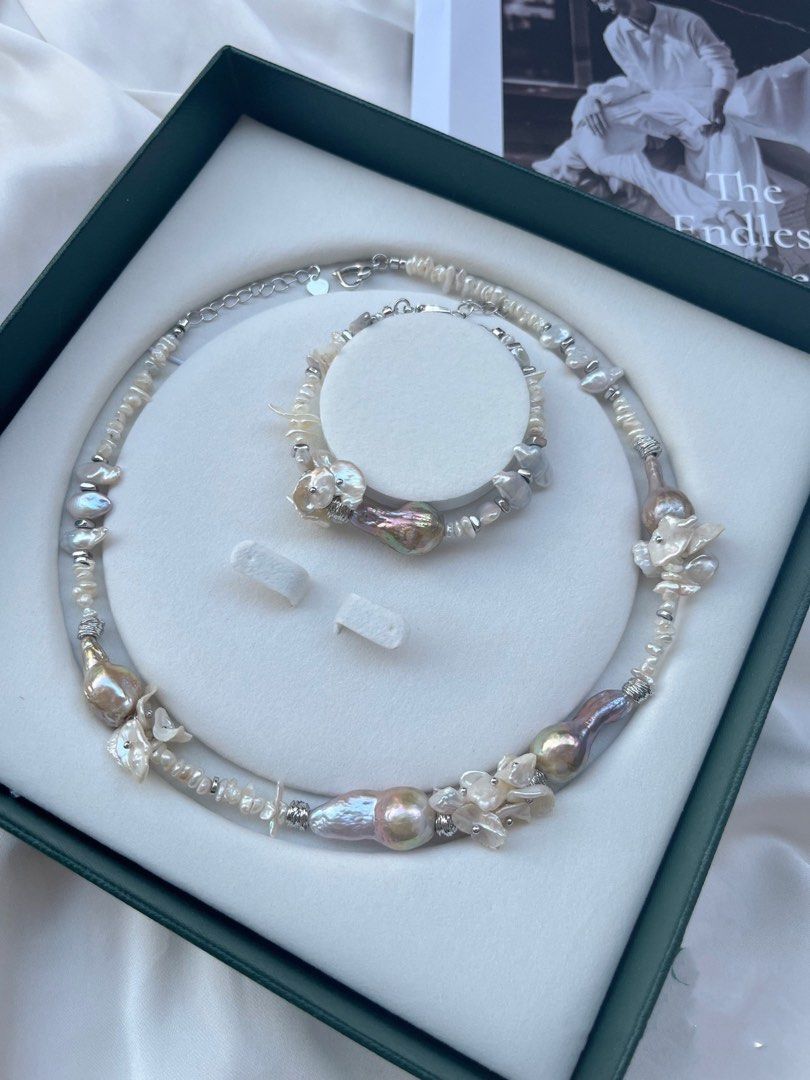 #PN32 [Floral Series]Layered Petals Avocado Freshwater Water-drop Baroque Pearl Necklace & Bracelet