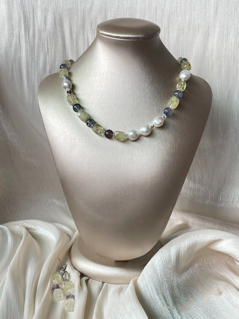 #PN53 Lemon Juice | Freshwater Pearl Necklace & Earrings Set| Lemon Quartz Freeform | Colourful Fluorite |11/12mm Big Baroque Pearl |Strong Presence