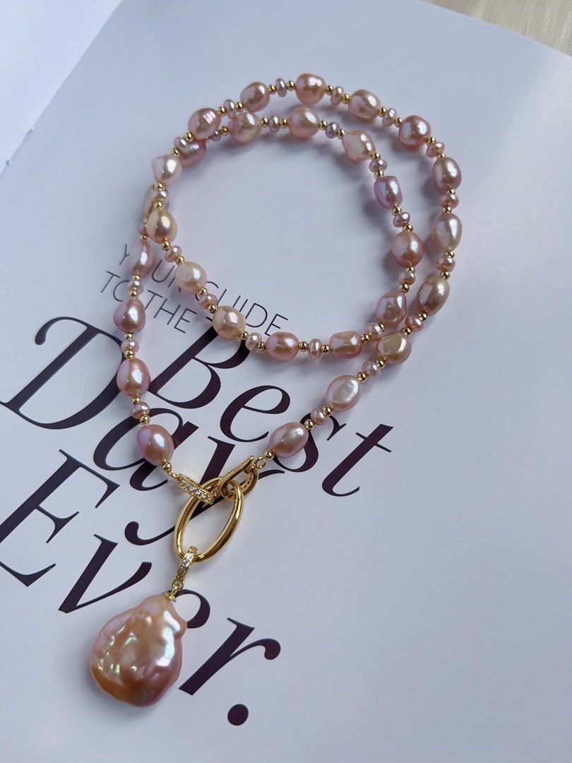 #PN380 [Clearance Sale] Purple Stones| Freshwater Pearl Necklace |Removable Pendant |Wear Multi Way|Removable Connector Ring|Gorgeous Lustre|Baroque Pearl |Big Pendant