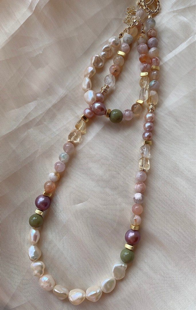 #PN219 Baroque Pearl & Natural Stone Necklace & Bracelet Set |Rose Quartz |Flower Agate|Citrine