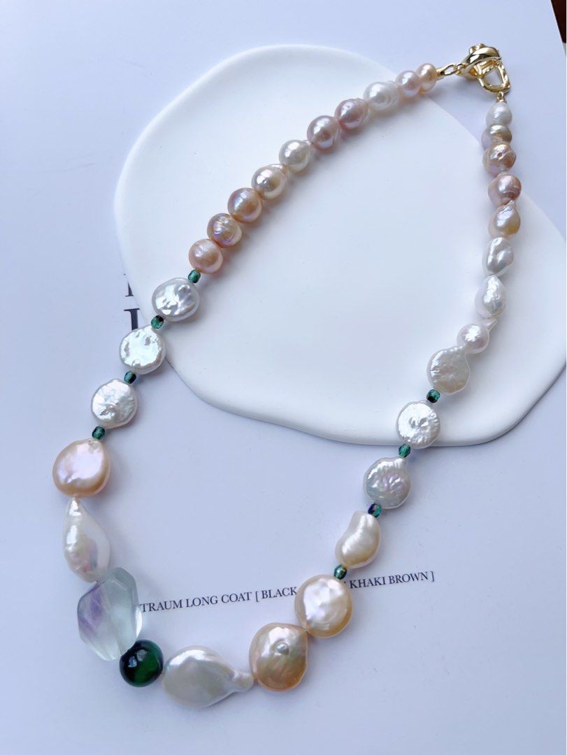 #PN399 [Sale]Autumn’s Forest |Freshwater Pearl Necklace |Fluorite|Malachite|Coin Pearl |Colourful|Wrinkled Baroque Pearl |Golden Lustre
