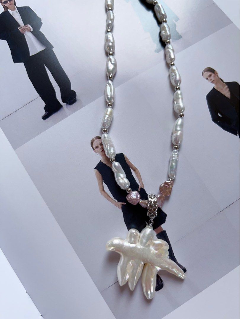 #PN385 [Sale]Handmade Original Design Freshwater Pearl Necklace |”Stick” Baroque Pearl |Natural Joining Cross Pearl Pendant Removable