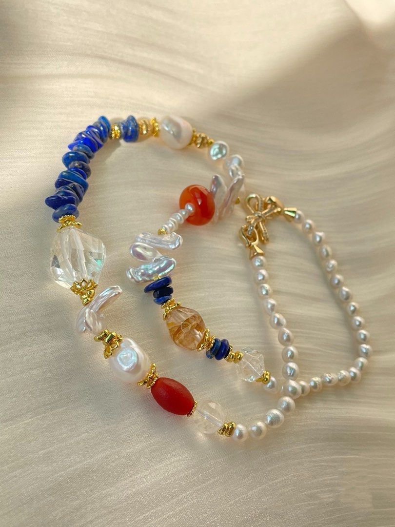 #PN05 Rustic Radiance | Freshwater Pearl Necklace | Lapis Lazuli Chips| Clear Quartz Freeform| Red Agate Ring| Lute Baroque Pearl | Fire Quartz Barrel