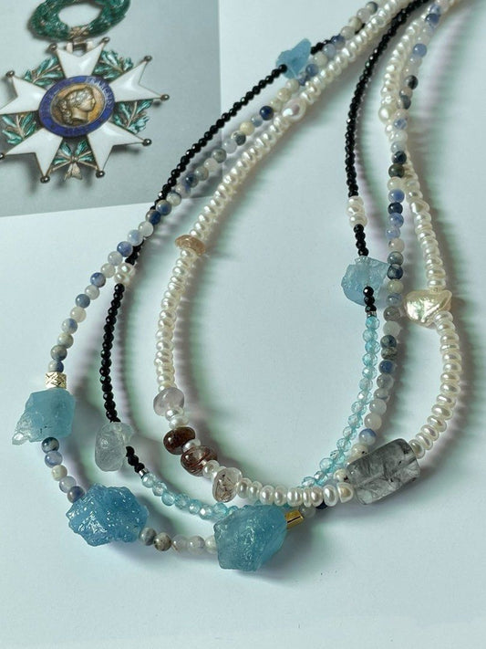 #PN34 Charmed Combinations |Freshwater Pearl Necklace |Multi-layer|Aquamarine |Black Spinel|Sodalite|Elegant