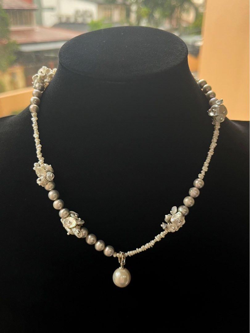 #PN157 [Floral Series] Genuine Freshwater Pearl Necklace |Silver Grey|Removable Edison Pendant |Baby Petals Pearl