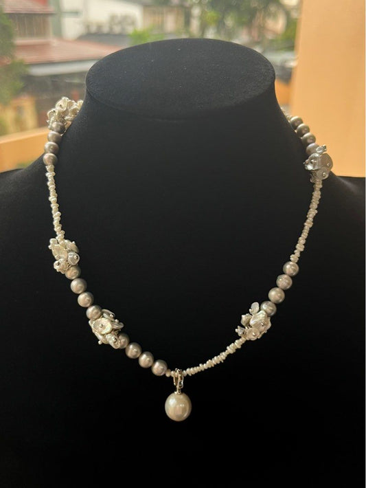 #PN157 [Floral Series] Genuine Freshwater Pearl Necklace |Silver Grey|Removable Edison Pendant |Baby Petals Pearl