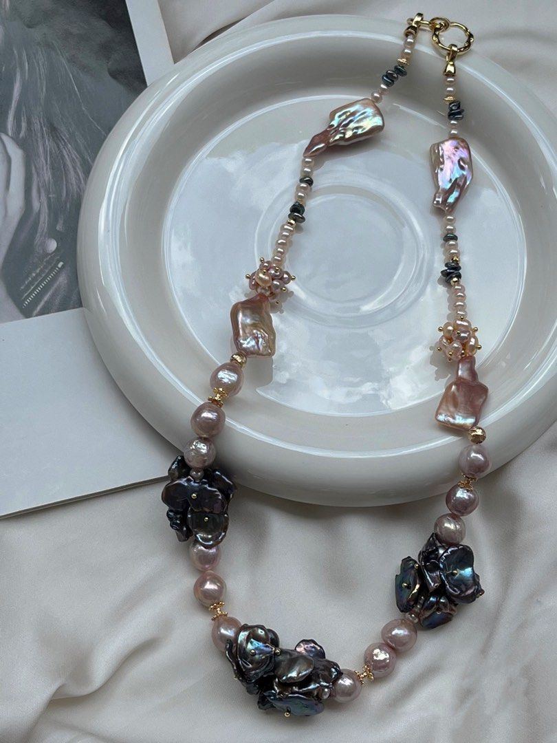 #PN166 [Floral Series]Exaggerating Freshwater Baroque Pearl Necklace & Bracelet Set |Metallic Black Pearl Petals |Big Lustrous Baroque Irregular Pearl |Pink Petals