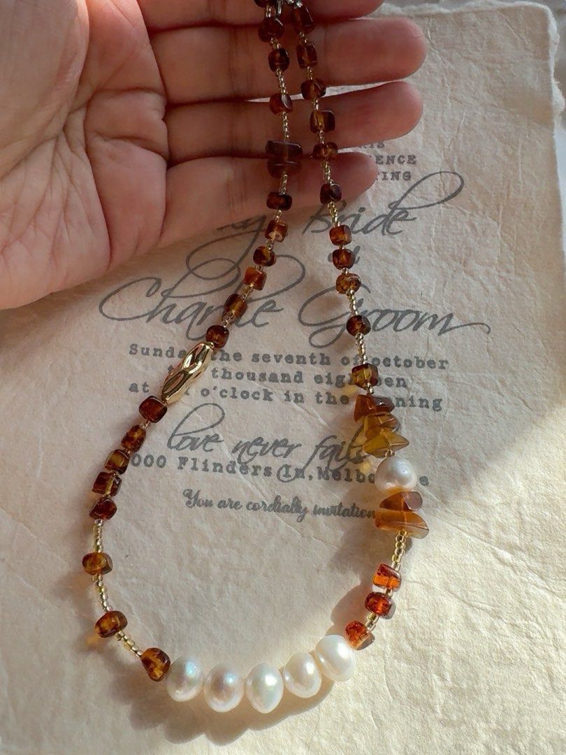 #PN271 Amber Cubes| Freshwater Pearl Necklace | Wrinkled Baroque Pearl |Light Weight