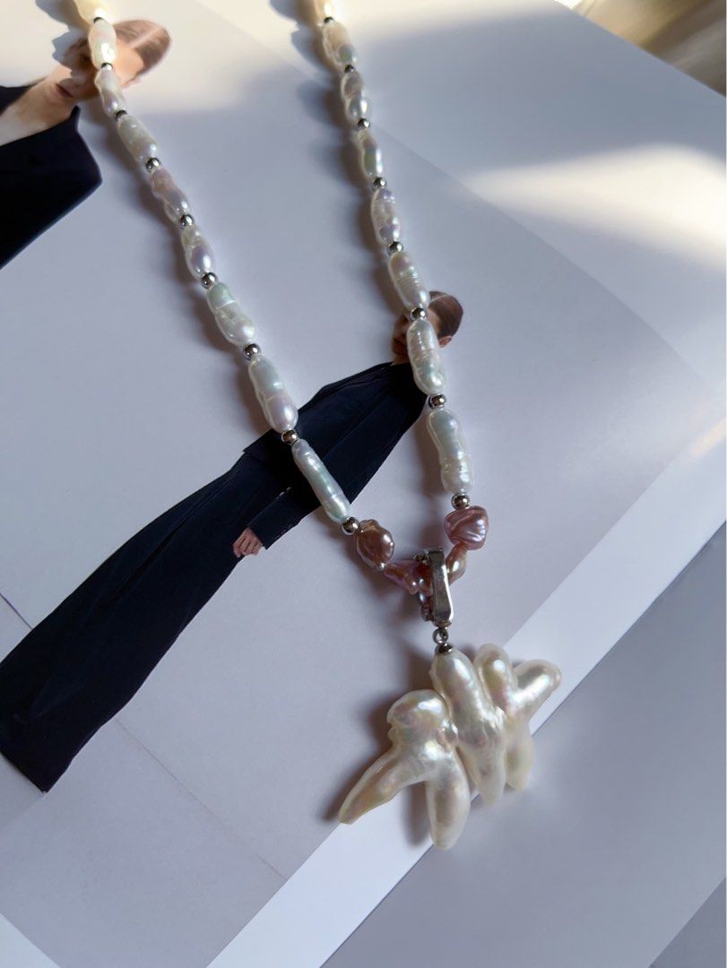 #PN385 [Sale]Handmade Original Design Freshwater Pearl Necklace |”Stick” Baroque Pearl |Natural Joining Cross Pearl Pendant Removable