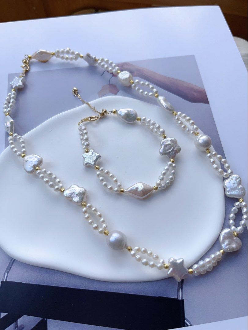 #PN190 [Sale]Star & Heart| Freshwater Pearl Necklace & Bracelet Set |Baroque Pearl |Baby Pearl |Double Layered