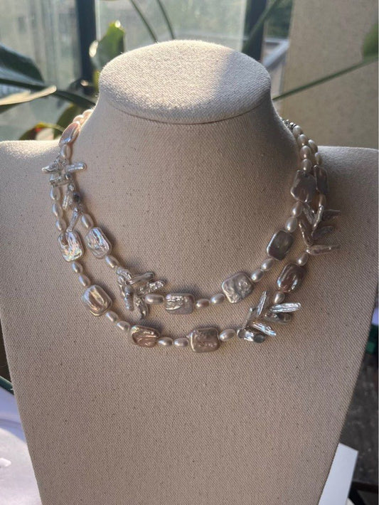 #PN205 White Wind|Freshwater Pearl Necklace & Bracelet Set |Rice Pearl |Square Shaped Pearl |Lute Shaped Pearl |Good Lustre