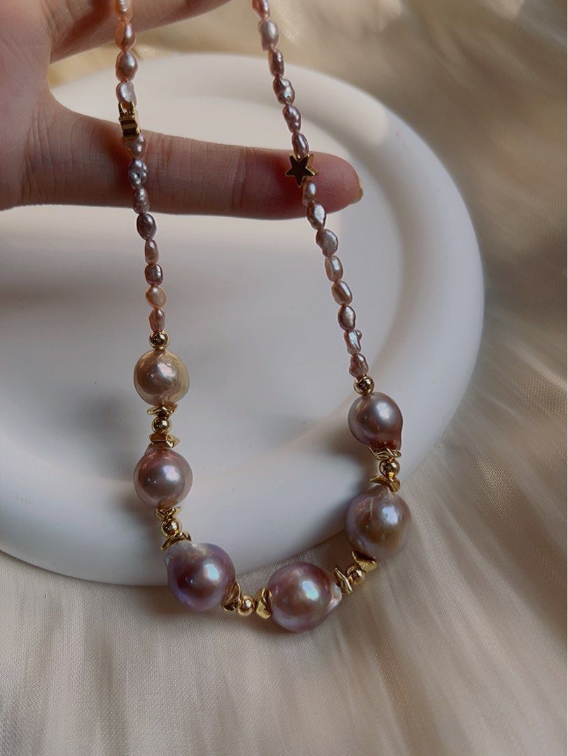 #PN388 [Sale]Freshwater Pearl Necklace |Big Baroque Pearl |Baby Baroque Pearl |Purple