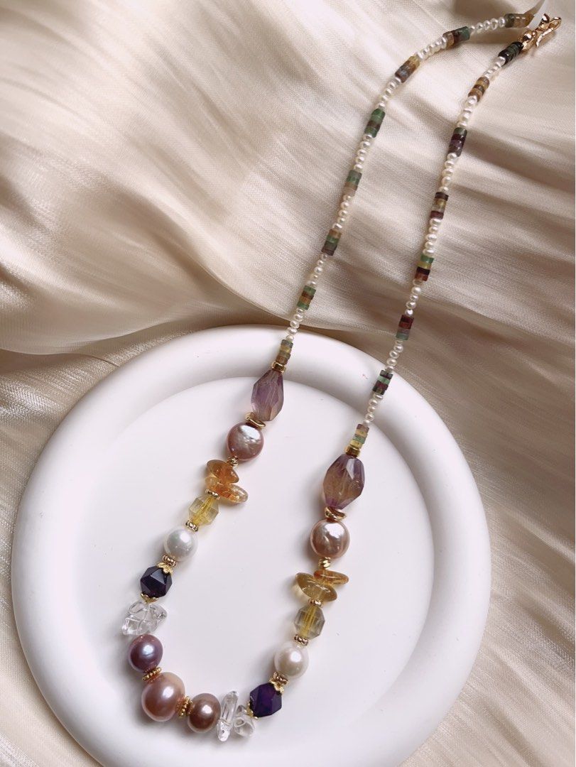 #PN391 [Sale]Medium Long Freshwater Pearl Necklace |Colourful|Baroque Pearl |Purple Quartz |Yellow Quartz