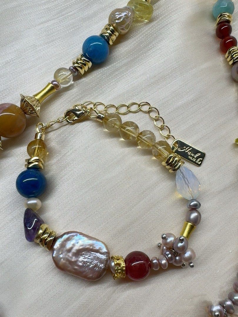 #PN139 [Sale] [Floral Series] Purple Clouds |Freshwater Pearl Necklace & Bracelet Set |Opal Stone|Purple Quartz |Red Agate|Golden Rutilated Quartz |Square Pearl |Natural Stones