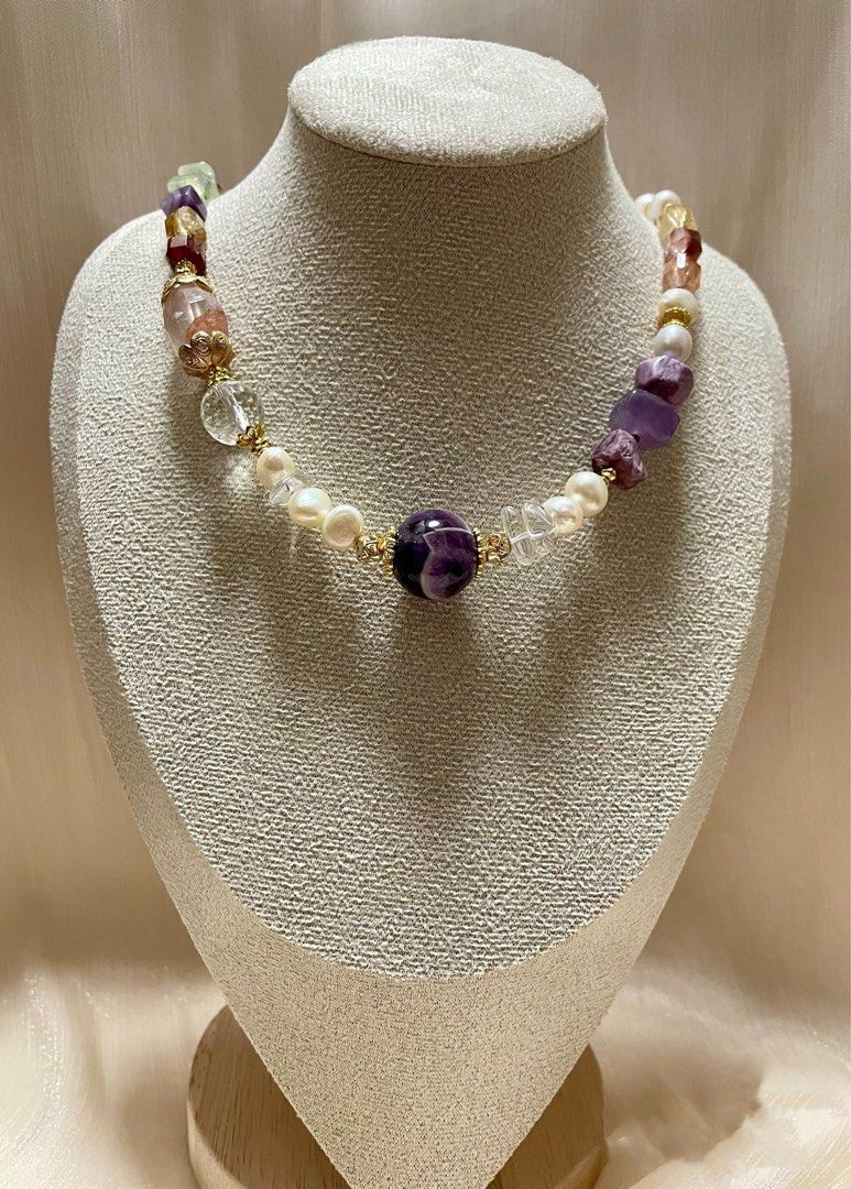 #PN60 Celestial Cascade | Freshwater Pearl Necklace | Stone Baroque Pearl | Big Chevron Amethyst | Amethyst Freeform| Prehnite| Citrine | Fire Quartz