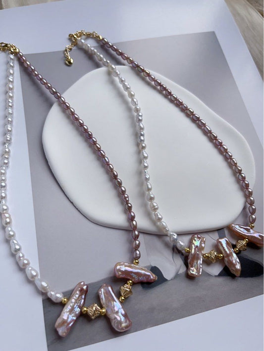 #PN76 [Hybrid Design] Freshwater Pearl Necklace |Half White Half Purple |Baroque Pearl |Gourd Shaped |Lute Shaped |Lustrous