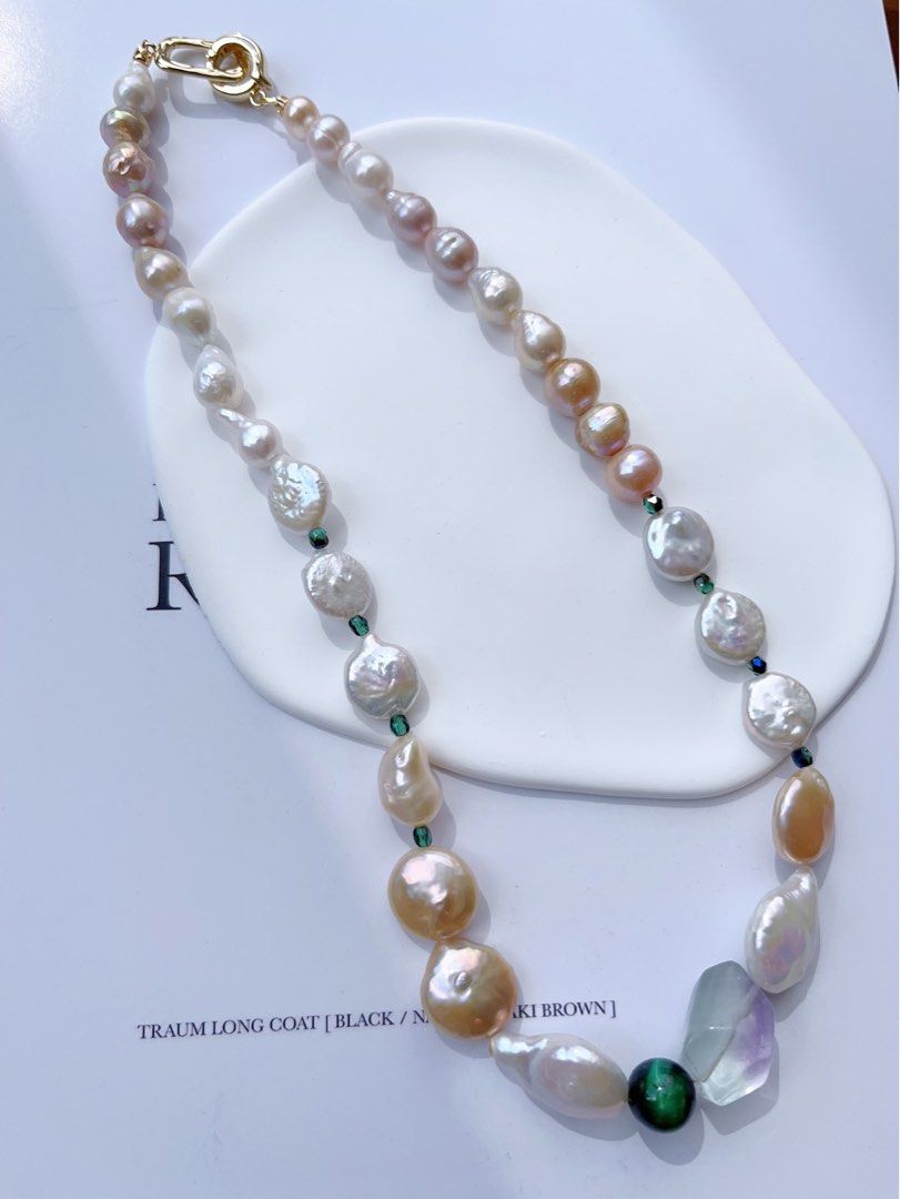 #PN399 [Sale]Autumn’s Forest |Freshwater Pearl Necklace |Fluorite|Malachite|Coin Pearl |Colourful|Wrinkled Baroque Pearl |Golden Lustre