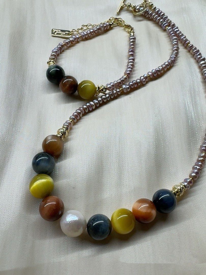 #PN23 Mysterious Eyes|Freshwater Pearl Necklace & Bracelet & Earrings Set|Tiger’s Eye Stone|Baby Baroque Pearl |Lustrous