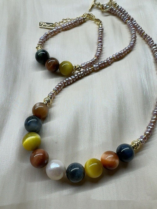 #PN23 Mysterious Eyes|Freshwater Pearl Necklace & Bracelet & Earrings Set|Tiger’s Eye Stone|Baby Baroque Pearl |Lustrous