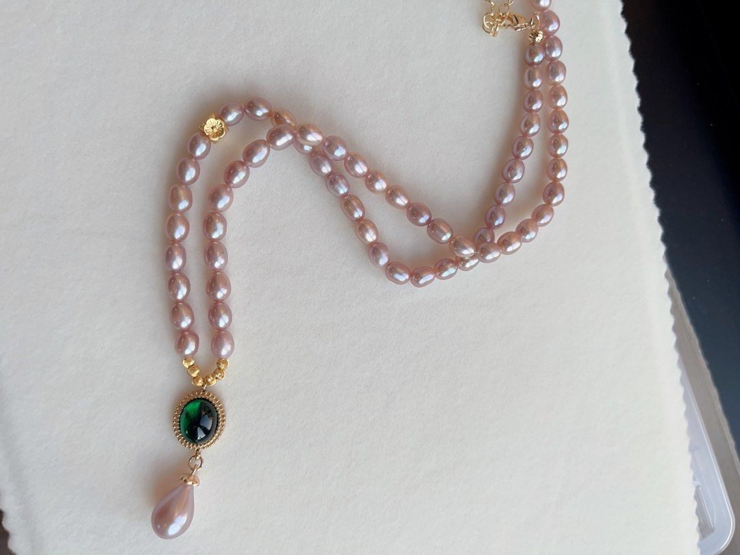 #PN126 Freshwater Pearl Necklace |Purple Pearls|Metallic Lustre| Green Nano Pendant |Peach Blossom Charm