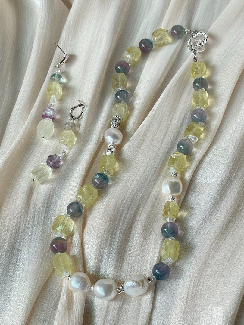 #PN53 Lemon Juice | Freshwater Pearl Necklace & Earrings Set| Lemon Quartz Freeform | Colourful Fluorite |11/12mm Big Baroque Pearl |Strong Presence