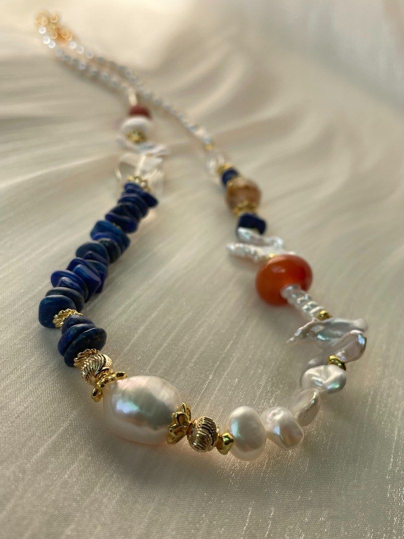 #PN05 Rustic Radiance | Freshwater Pearl Necklace | Lapis Lazuli Chips| Clear Quartz Freeform| Red Agate Ring| Lute Baroque Pearl | Fire Quartz Barrel