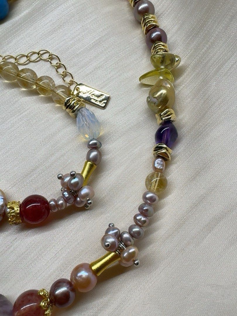 #PN139 [Sale] [Floral Series] Purple Clouds |Freshwater Pearl Necklace & Bracelet Set |Opal Stone|Purple Quartz |Red Agate|Golden Rutilated Quartz |Square Pearl |Natural Stones