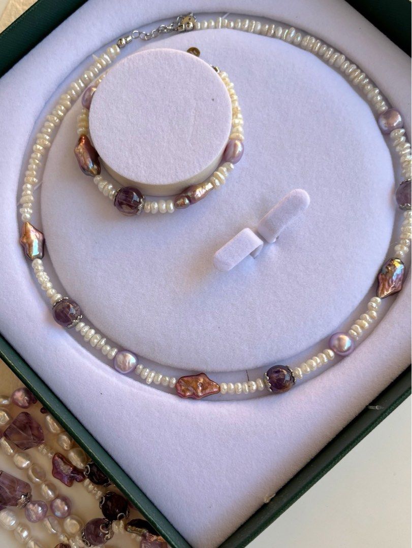 #PN235 Cool Down| Freshwater Pearl Necklace & Bracelet Set |Natural Purple Quartz |Tiny Baroque Pearl