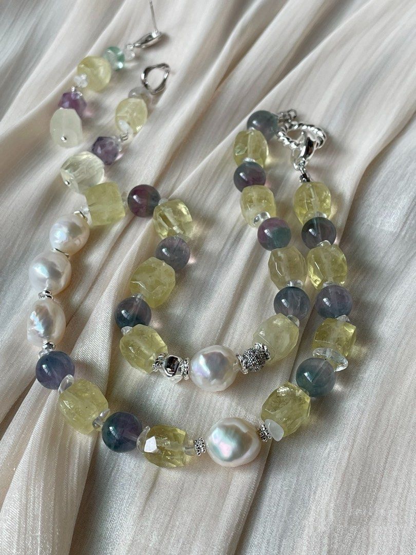 #PN53 Lemon Juice | Freshwater Pearl Necklace & Earrings Set| Lemon Quartz Freeform | Colourful Fluorite |11/12mm Big Baroque Pearl |Strong Presence