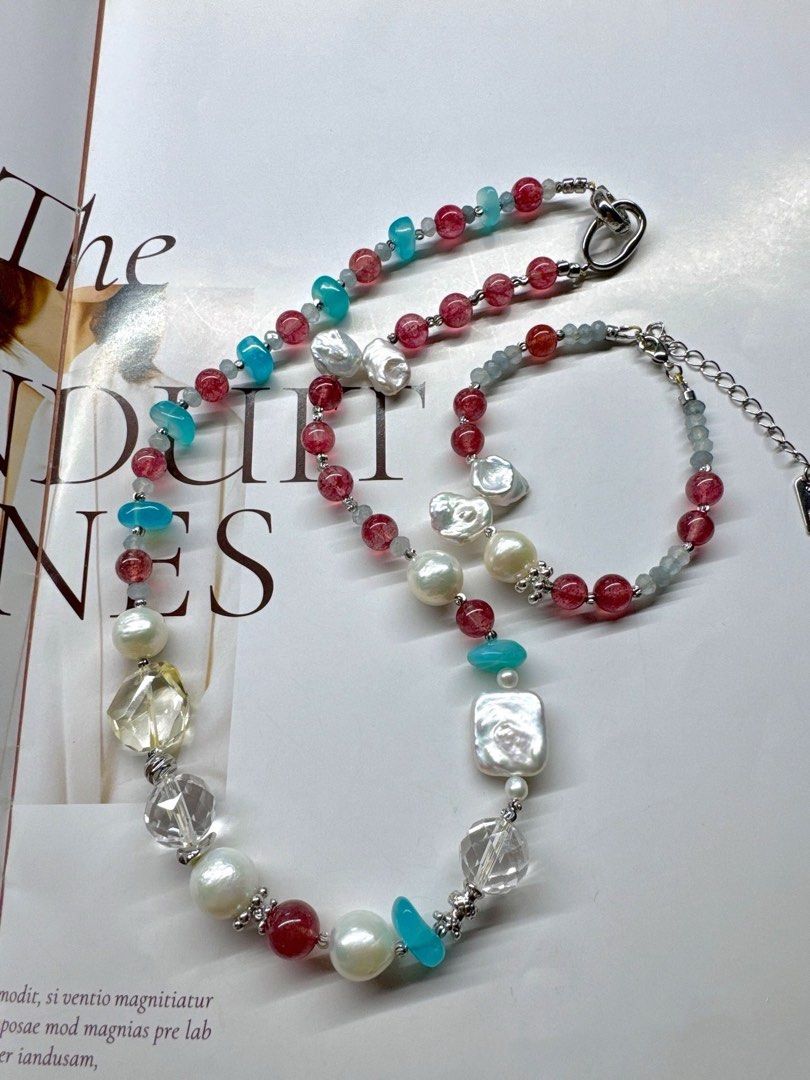 #PN220 [Sale] Sky Bird|Freshwater Pearl Necklace & Bracelet Set |Strawberry Quartz |White Quartz |Baroque Pearl |Amazonite|Petal Pearl