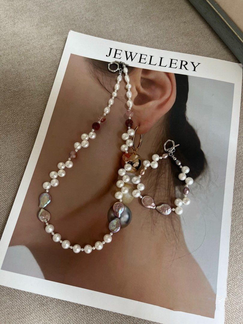 #PN248 Purple Bow Tie|Freshwater Pearl Necklace & Bracelet Set| Water-drop Shaped Pearl | Wheat-ear Bun Pearl | Fire Quartz