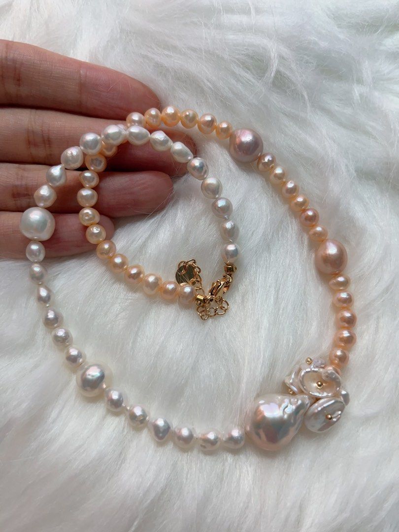 #PN283 [Floral Series] Harmony of Colours | Freshwater Pearl Necklace | Petal Pearl | Big Baroque Pearl | Excellent Lustre | Natural Flaws | Champagne Pink, White