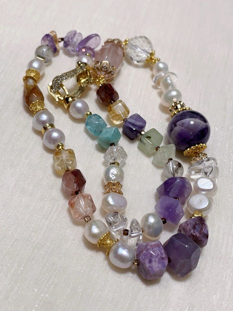 #PN60 Celestial Cascade | Freshwater Pearl Necklace | Stone Baroque Pearl | Big Chevron Amethyst | Amethyst Freeform| Prehnite| Citrine | Fire Quartz