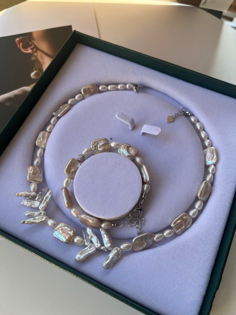 #PN205 White Wind|Freshwater Pearl Necklace & Bracelet Set |Rice Pearl |Square Shaped Pearl |Lute Shaped Pearl |Good Lustre