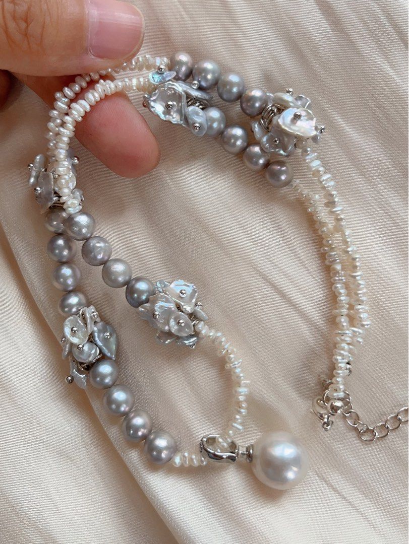 #PN157 [Floral Series] Genuine Freshwater Pearl Necklace |Silver Grey|Removable Edison Pendant |Baby Petals Pearl