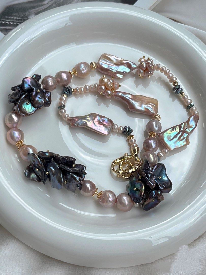 #PN166 [Floral Series]Exaggerating Freshwater Baroque Pearl Necklace & Bracelet Set |Metallic Black Pearl Petals |Big Lustrous Baroque Irregular Pearl |Pink Petals