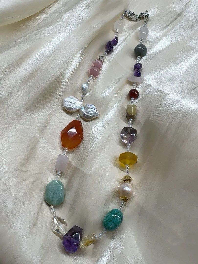 #PN16 Dreamy Connection | Freshwater Pearl Necklace | Big Faceted Agate| Amethyst Freeform |Big Petal Pearl |Rose Quartz Square |Garnet|Clear Quartz Faceted