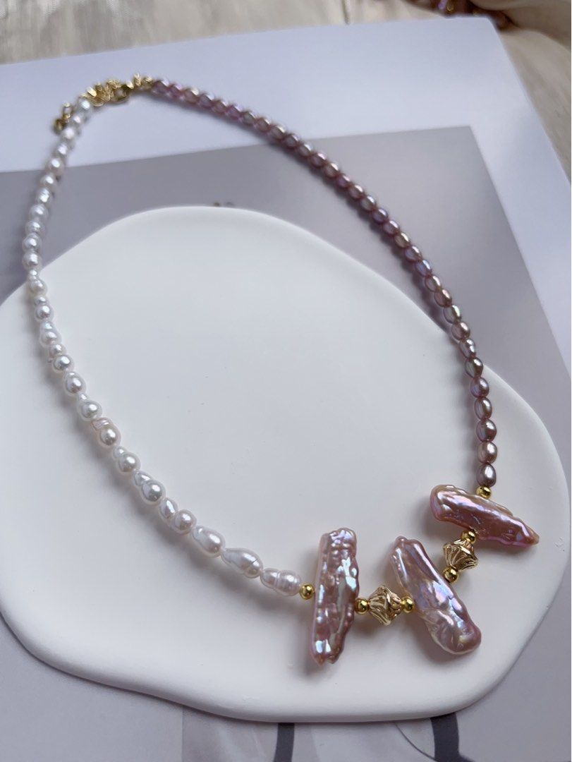 #PN76 [Hybrid Design] Freshwater Pearl Necklace |Half White Half Purple |Baroque Pearl |Gourd Shaped |Lute Shaped |Lustrous