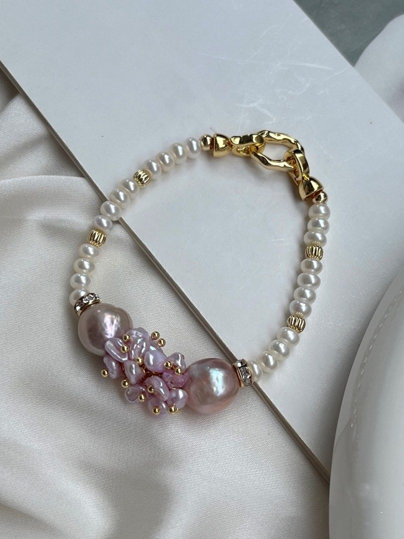 #PN166 [Floral Series]Exaggerating Freshwater Baroque Pearl Necklace & Bracelet Set |Metallic Black Pearl Petals |Big Lustrous Baroque Irregular Pearl |Pink Petals