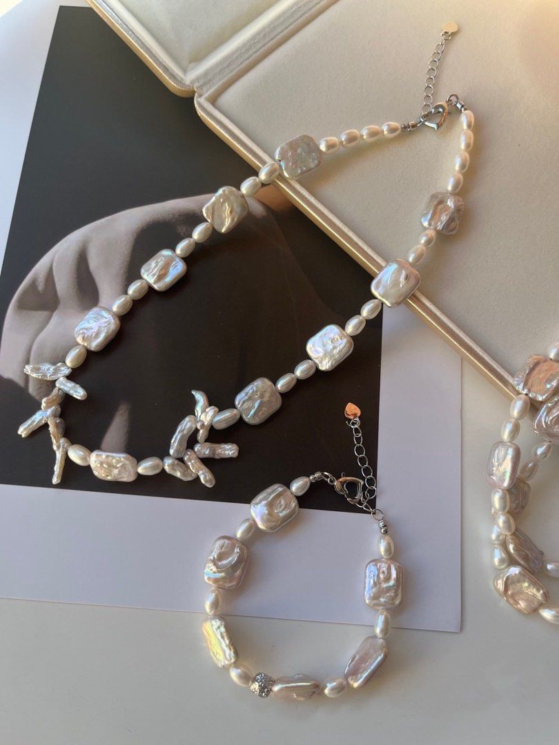 #PN205 White Wind|Freshwater Pearl Necklace & Bracelet Set |Rice Pearl |Square Shaped Pearl |Lute Shaped Pearl |Good Lustre