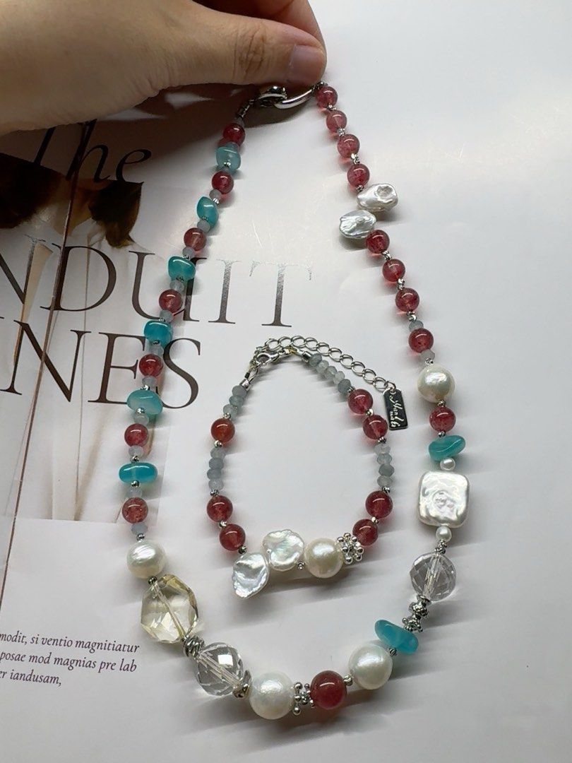 #PN220 [Sale] Sky Bird|Freshwater Pearl Necklace & Bracelet Set |Strawberry Quartz |White Quartz |Baroque Pearl |Amazonite|Petal Pearl