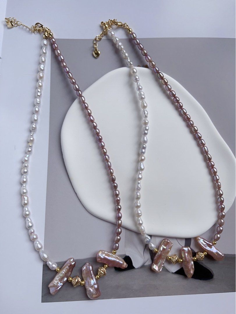 #PN76 [Hybrid Design] Freshwater Pearl Necklace |Half White Half Purple |Baroque Pearl |Gourd Shaped |Lute Shaped |Lustrous