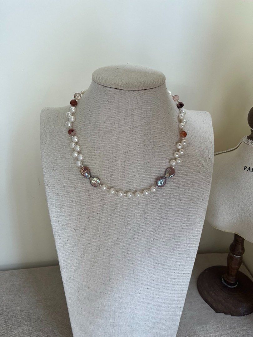 #PN248 Purple Bow Tie|Freshwater Pearl Necklace & Bracelet Set| Water-drop Shaped Pearl | Wheat-ear Bun Pearl | Fire Quartz