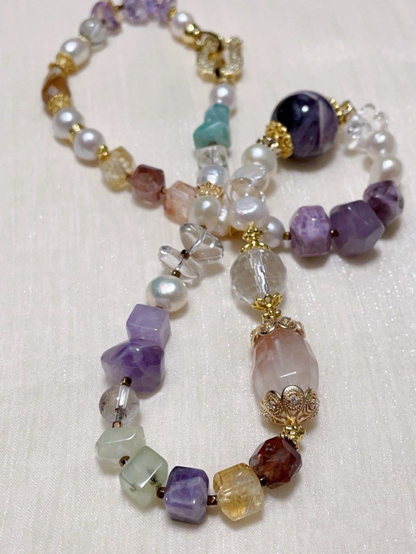 #PN60 Celestial Cascade | Freshwater Pearl Necklace | Stone Baroque Pearl | Big Chevron Amethyst | Amethyst Freeform| Prehnite| Citrine | Fire Quartz